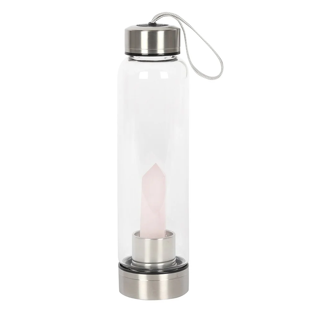 Clear glass rose quartz water bottle with pink crystal inside, black neoprene cover and rubber base, 532ml capacity