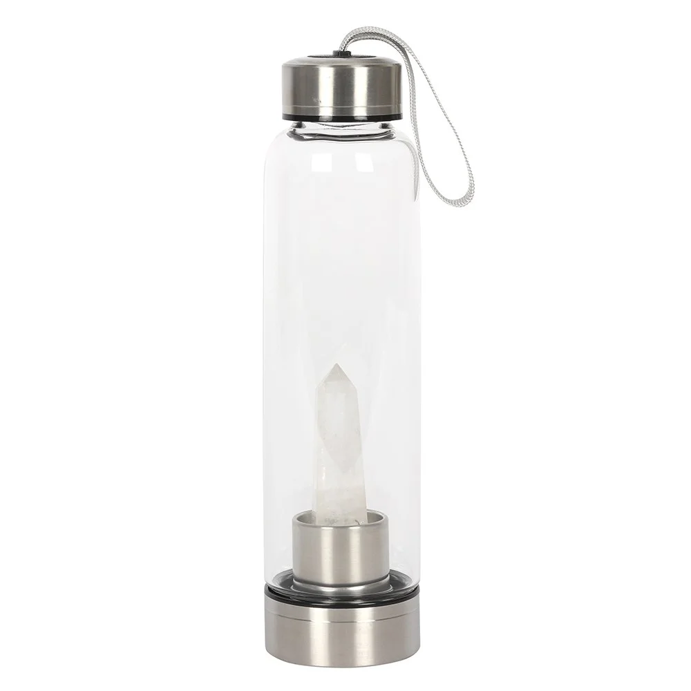 Clear quartz water bottle with glass body, rubberised base, and neoprene slip cover, holding 532ml of water.