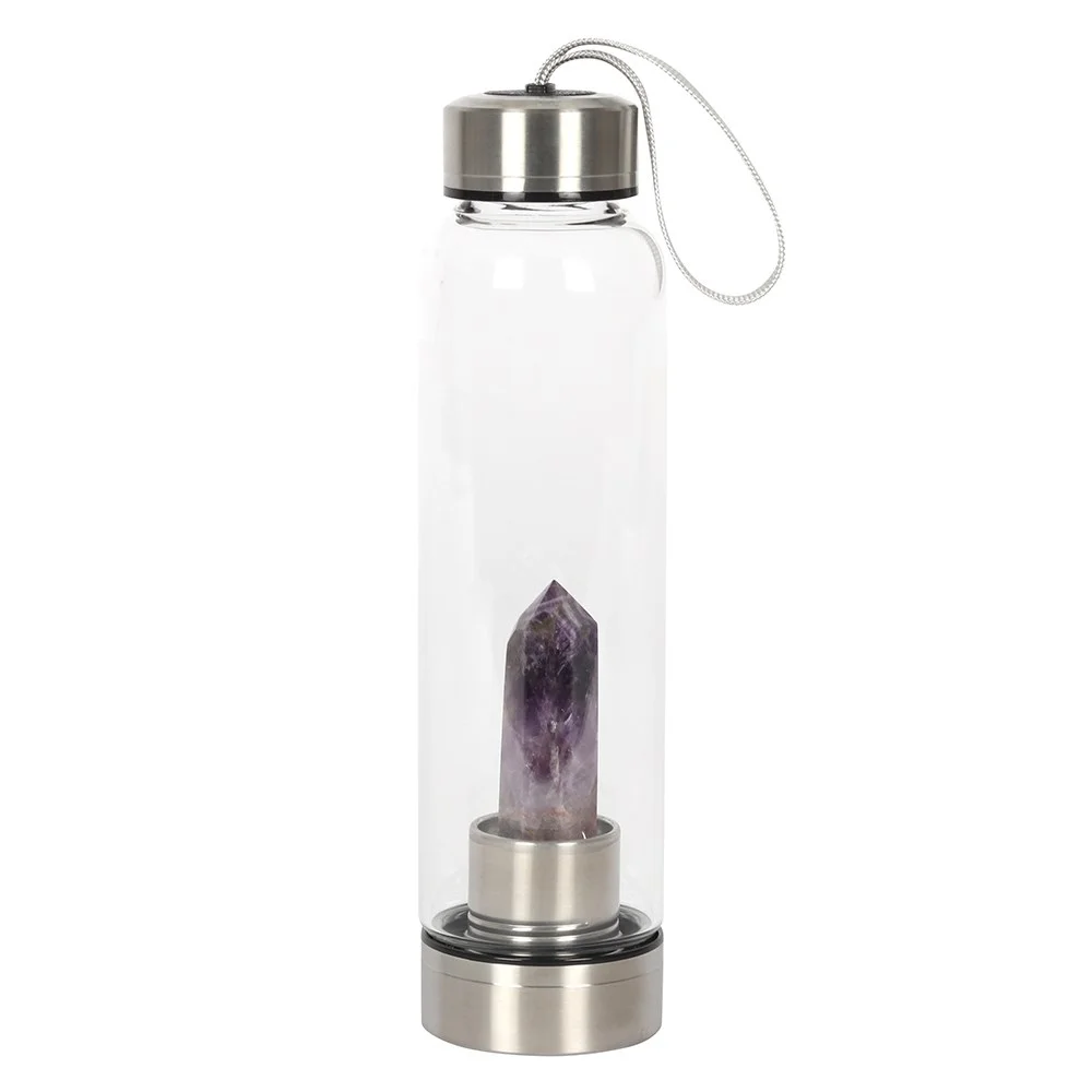 Tall amethyst glass water bottle with neoprene cover and rubber base, 532ml capacity, screw-off base for cleaning