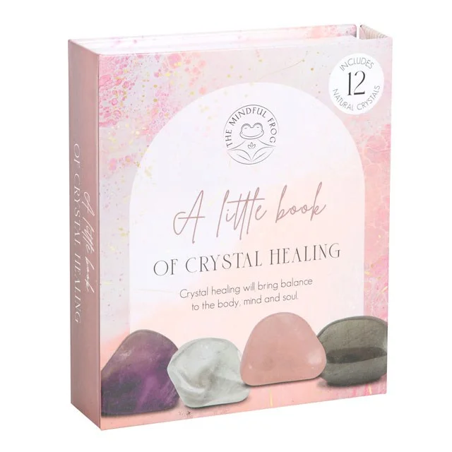 Crystal healing gift set with 12 colorful tumblestones and a drawstring bag in an informational gift box