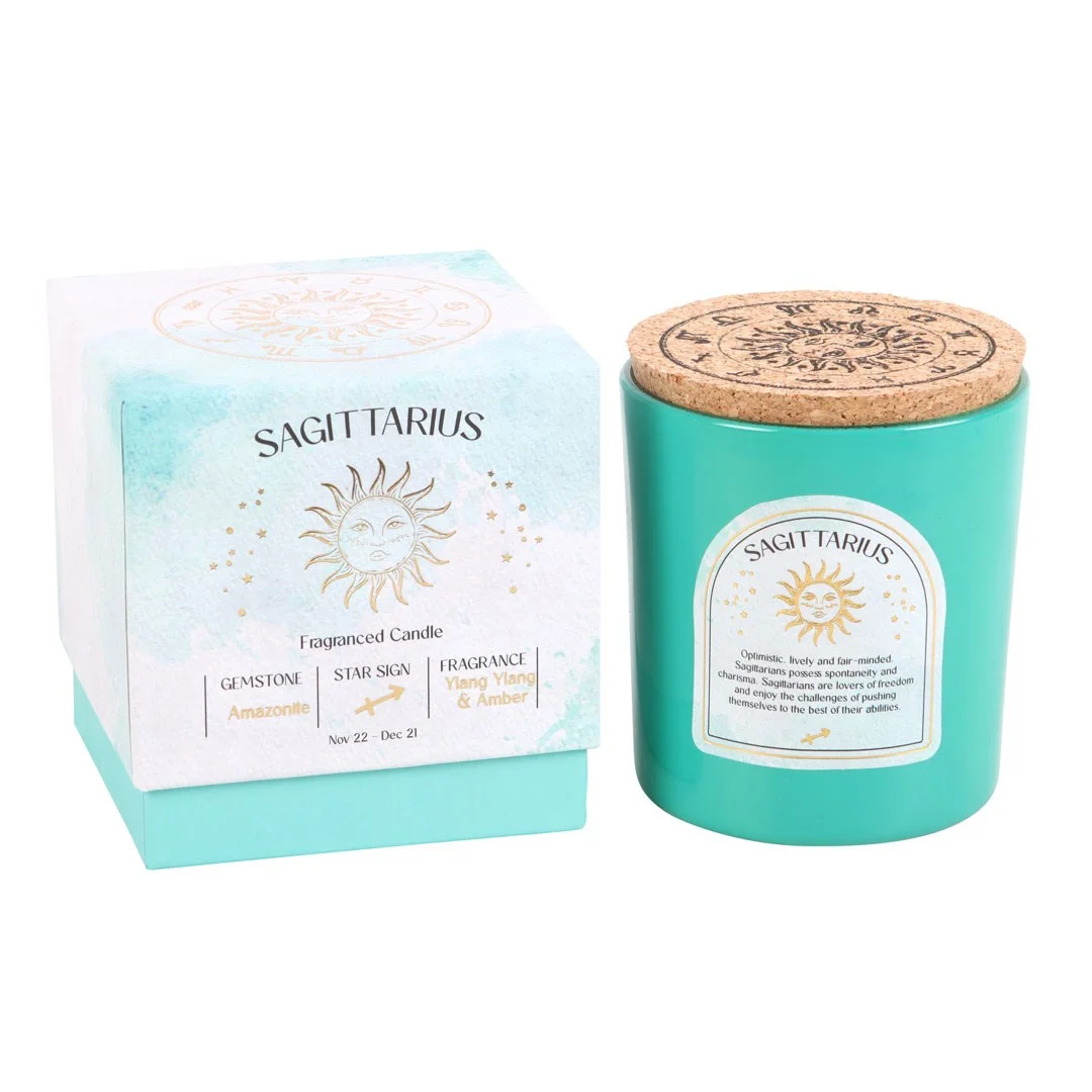 Sagittarius zodiac candle with Ylang Ylang & Amber scent, amazonite chips, in a sliding box for gifting and display