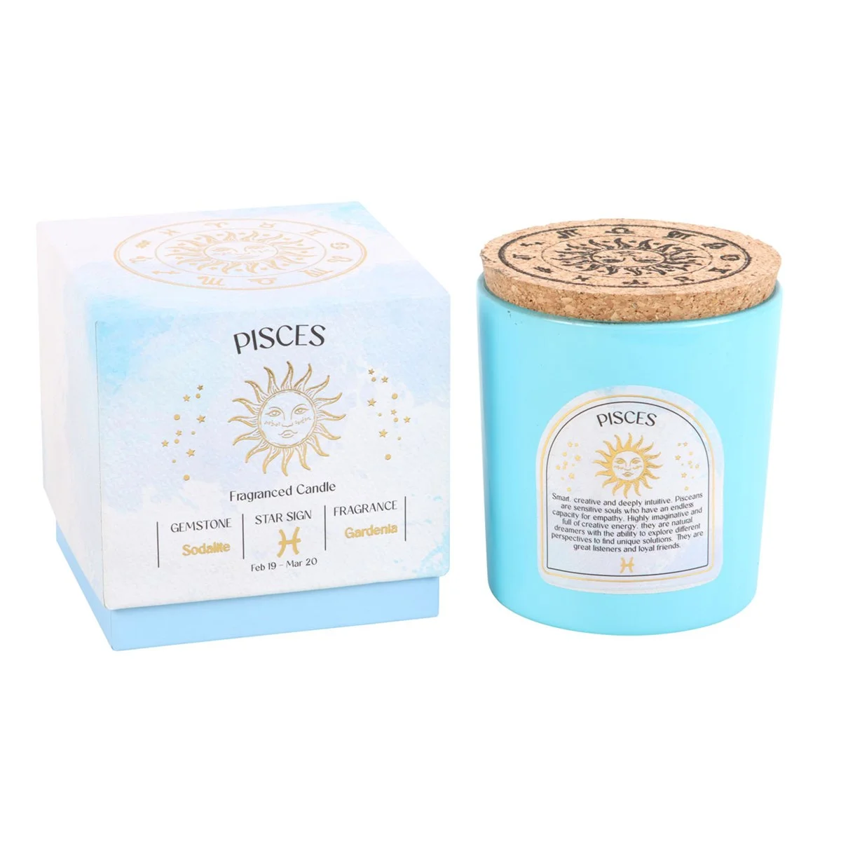 Lit Pisces zodiac candle in glass jar with sodalite chips and sliding box featuring gardenia scent packaging