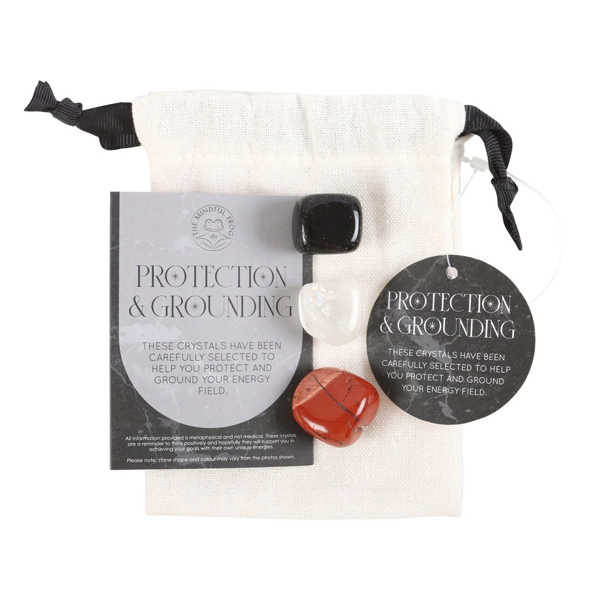 Protection healing crystal set with black obsidian, clear quartz, and red jasper stones in a drawstring bag with card