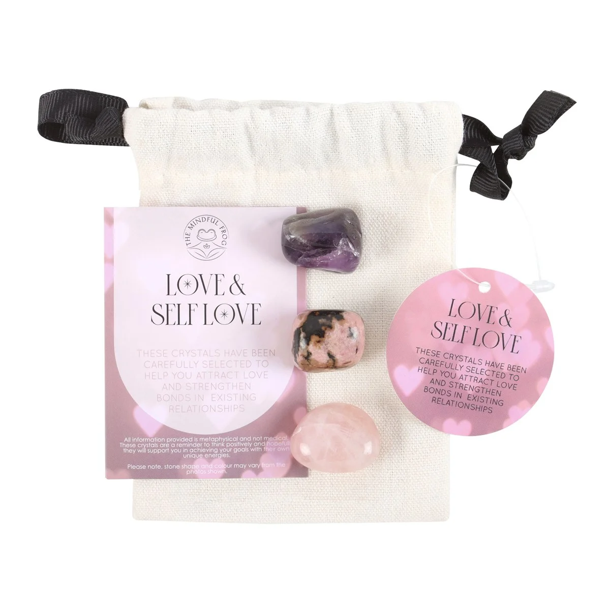 Three polished stones in a drawstring bag with an insert card, part of a love healing crystal set for confidence and compassion