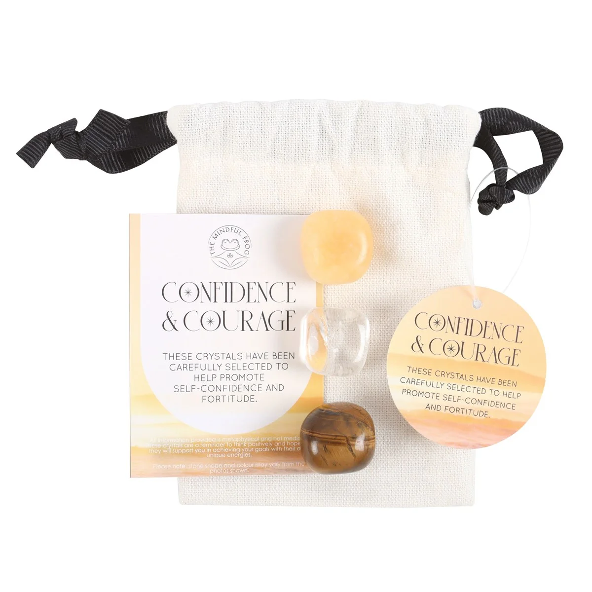 Confidence crystal set with yellow jasper, clear quartz, and tiger's eye stones in a drawstring bag with info card