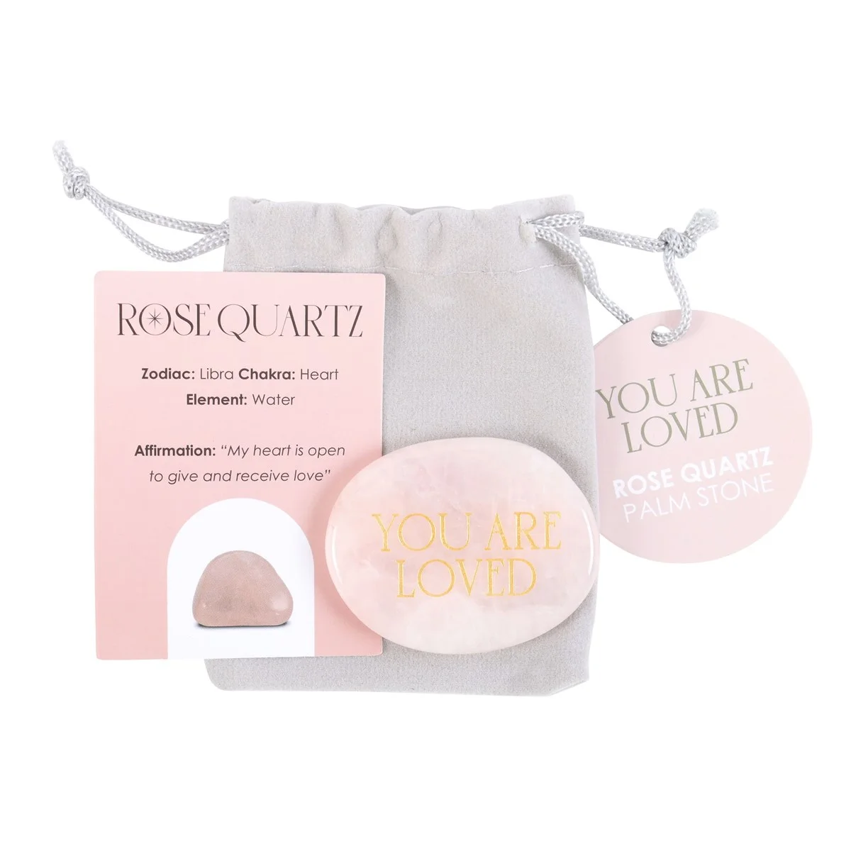 Rose quartz palm stone with engraved gold 'you are loved' text, shown with drawstring bag and insert card