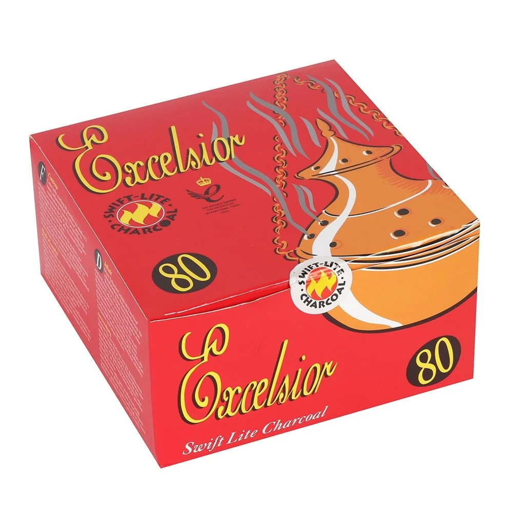 Box of 80 charcoal incense discs, Excelsior swift lite, in 8 individually wrapped packs of 10.