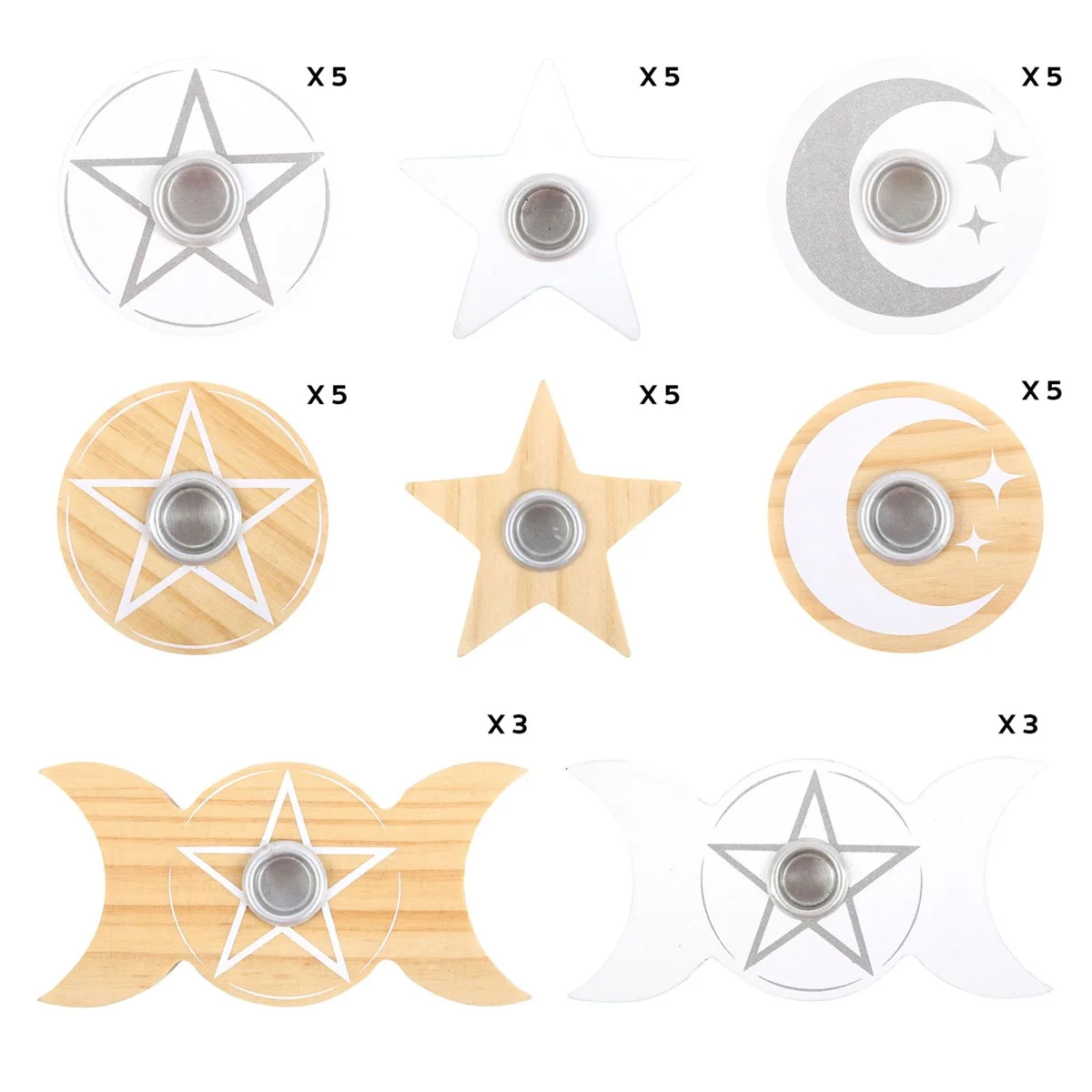 36‑piece spell candle holders set in white and natural wood: triple moon, pentagram, crescent moon, star designs.
