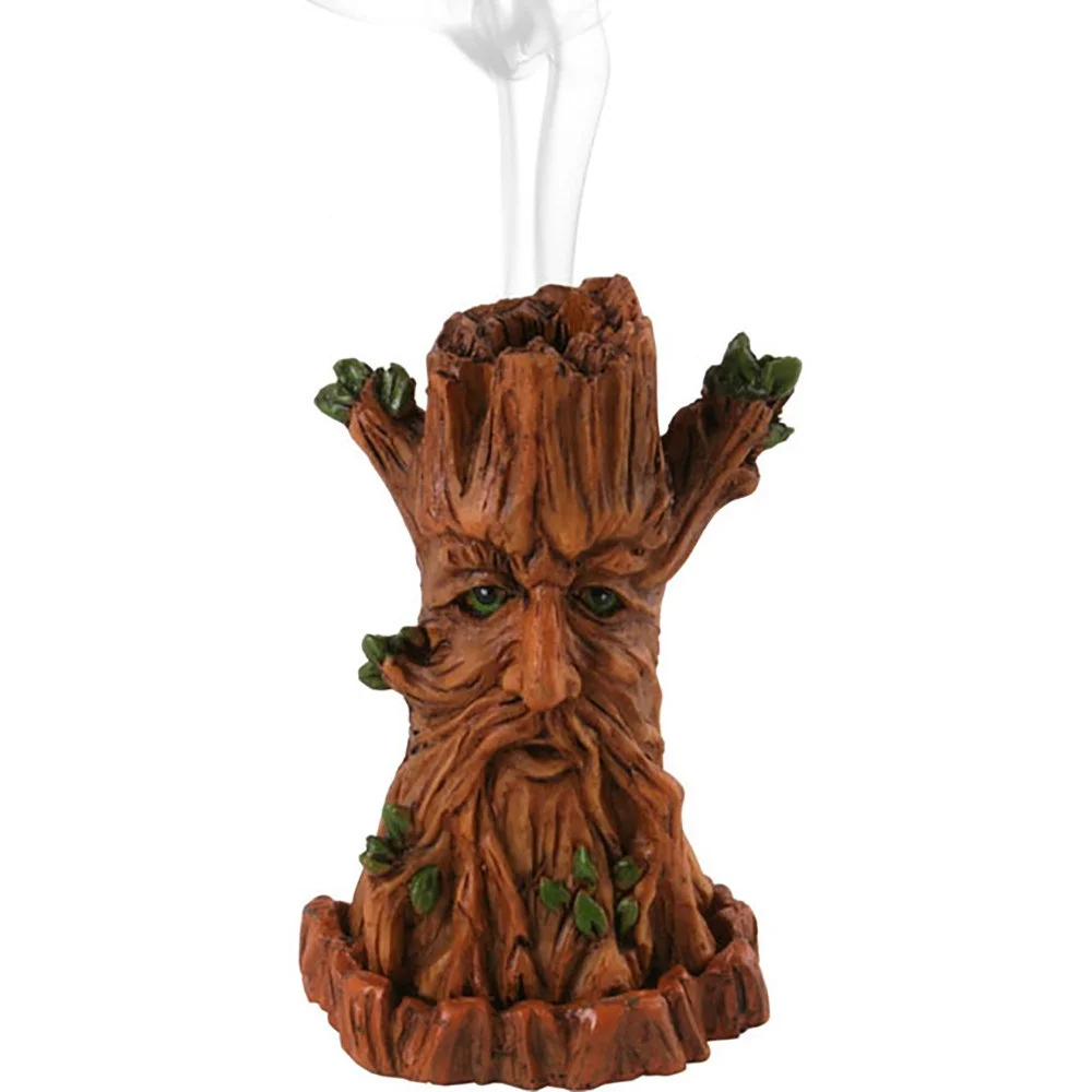 Tree Man incense cone holder with smoke rising from top, designed by Lisa Parker, 12cm tall green man motif burner