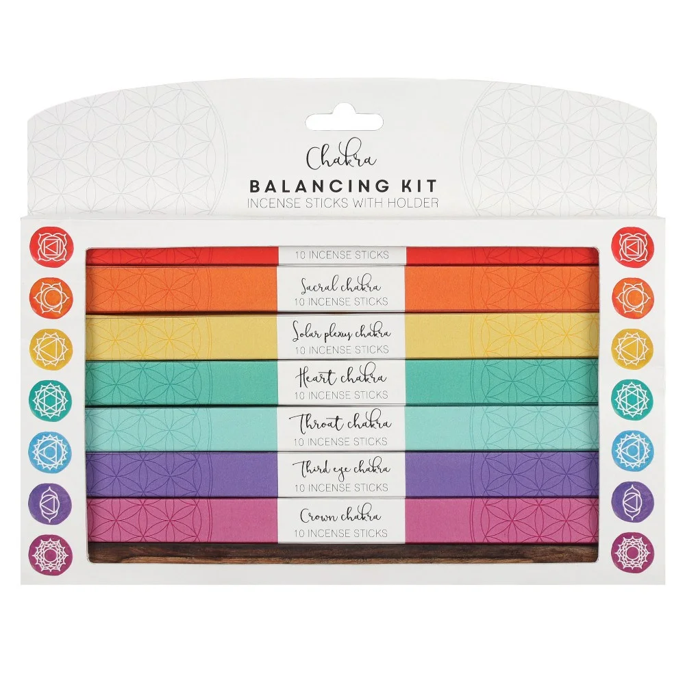 Chakra incense kit with seven colorful packs of incense sticks and a wooden holder arranged on a white background