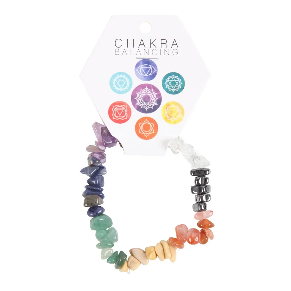Colourful chakra bracelet with seven semi-precious stones representing each chakra on a white background