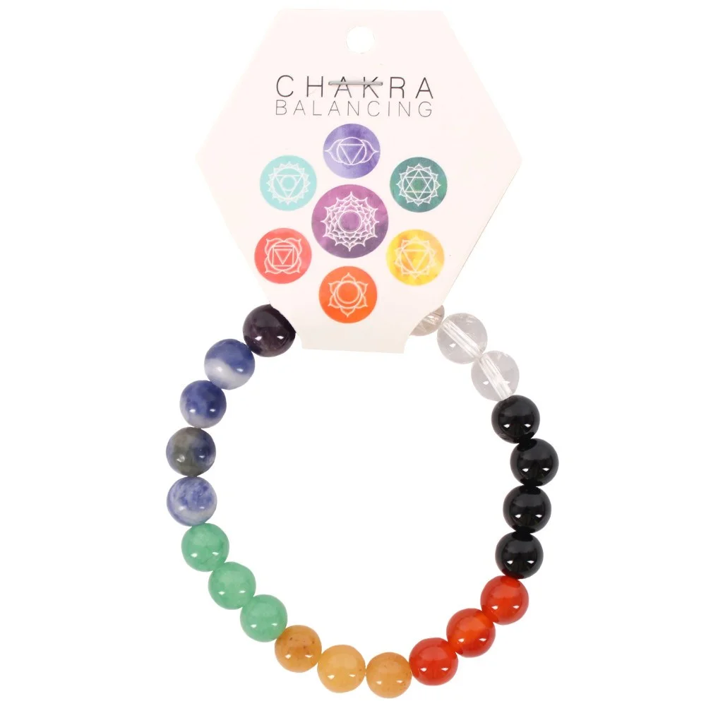 Chakra ball bracelet with rounded multicolored bead crystals representing seven chakras on a white background