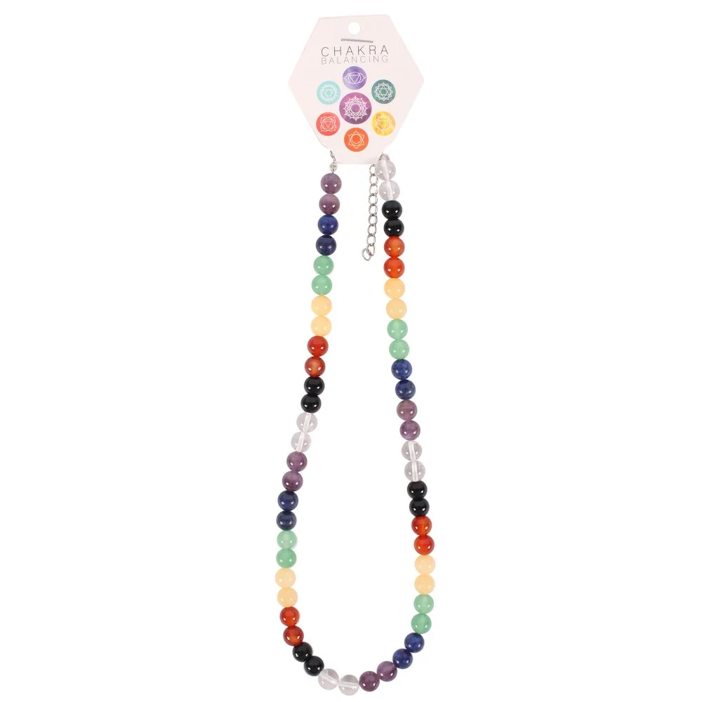 Round chakra necklace with seven colorful semi-precious stones representing the seven Chakras on a silver chain