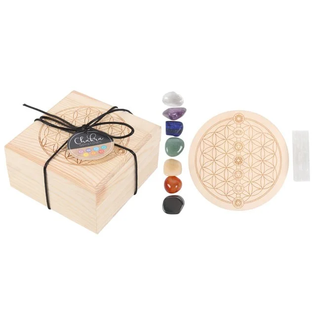 Chakra crystal grid set with 7 tumbled stones, selenite wand, and wooden Flower of Life grid in gift box