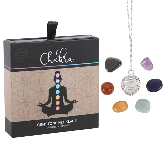 Chakra gemstone necklace kit with seven tumbled stones and silver wire cage pendant in sliding gift box