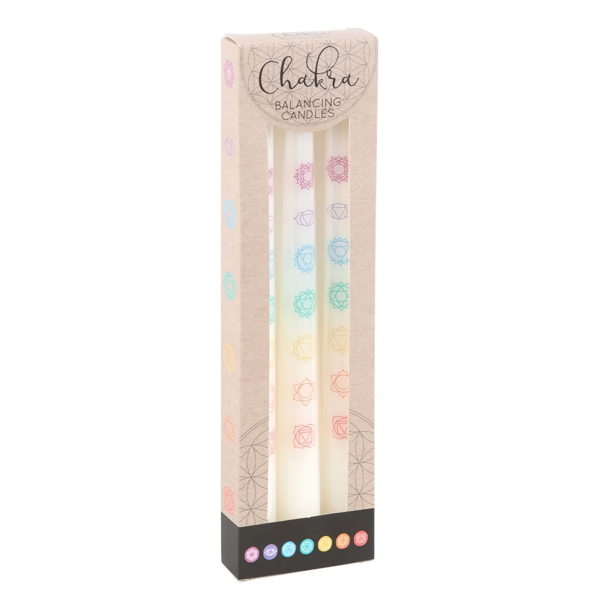 Set of 3 white chakra taper candles with vibrant chakra colors for balancing and decorative use on table or home