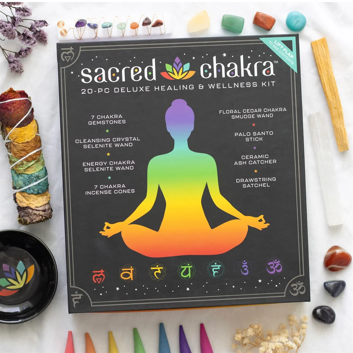Sacred Chakra Healing Kit with seven chakra tumblestones, palo santo stick, selenite wands, incense cones in gift box
