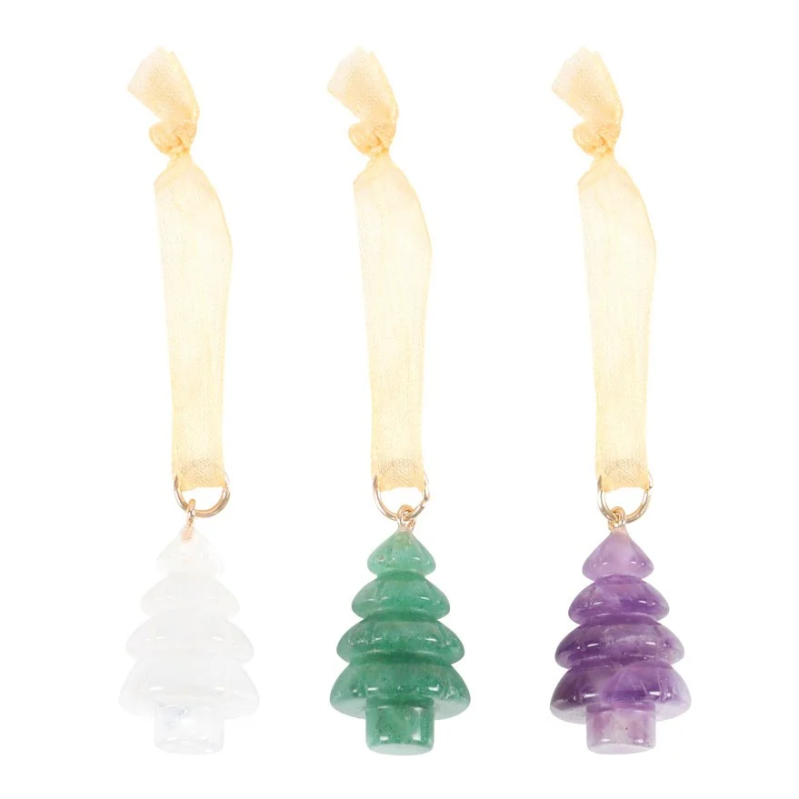 Set of 3 crystal Christmas tree decorations in clear quartz, green aventurine, and amethyst gemstones on display