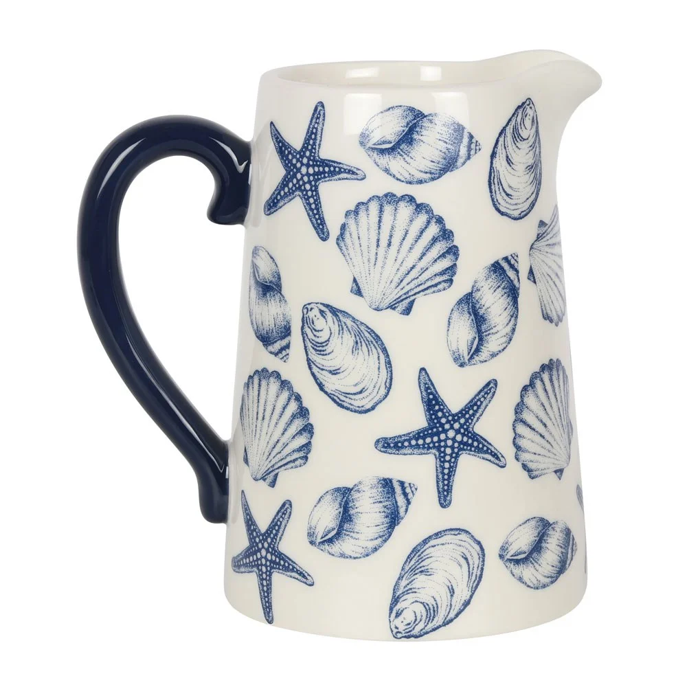 Blue seashell and starfish decorated ceramic flower jug, 17cm tall, ideal for displaying bouquets with coastal charm