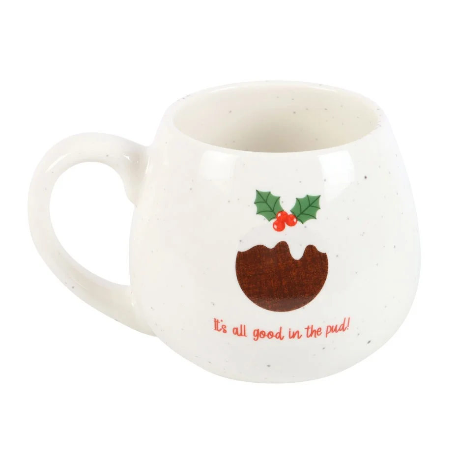 Rounded Christmas pudding mug with speckled finish and "It's all good in the pud!" text, 500ml capacity
