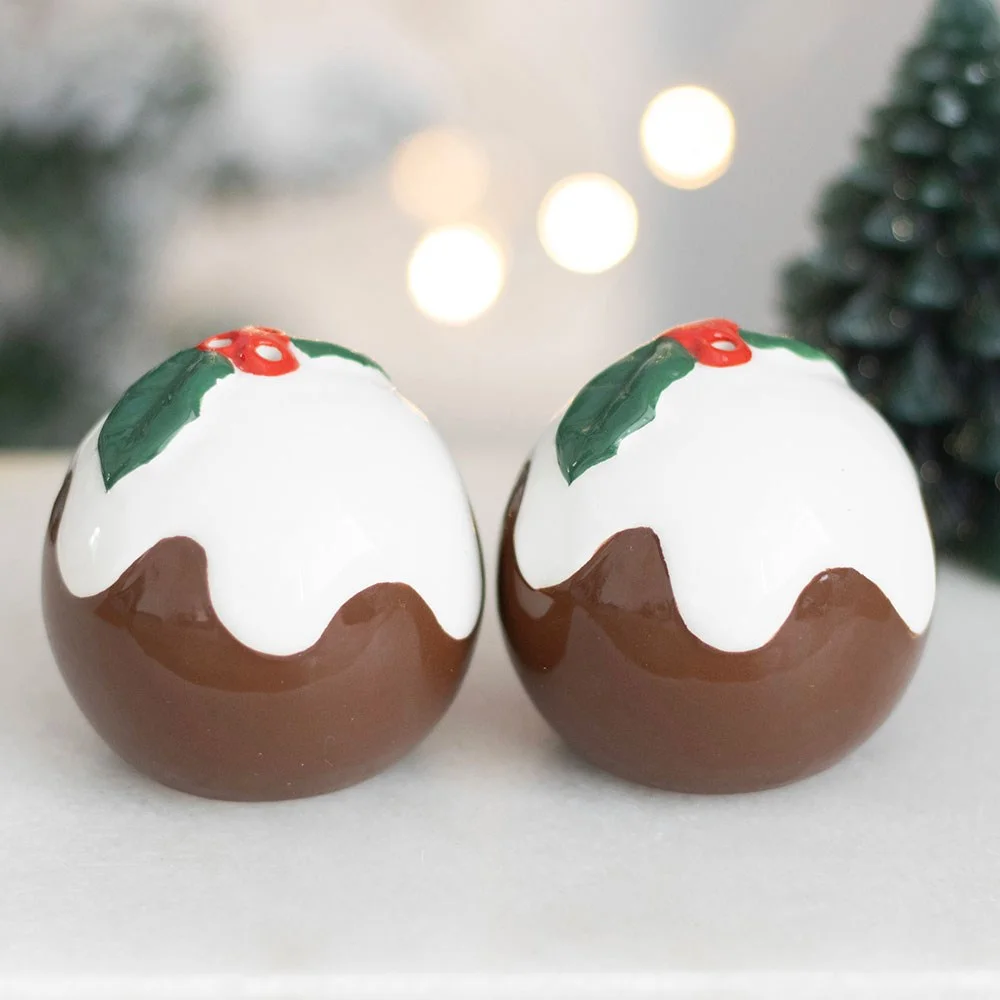 Set of Christmas pudding salt shakers and pepper shakers designed for festive table decoration