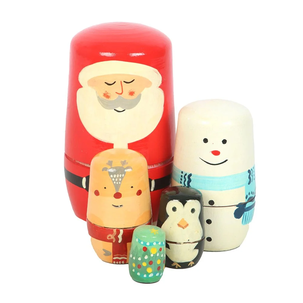 Set of handpainted Christmas stacking ornament featuring Santa, snowman, reindeer, penguin, and Christmas tree designs