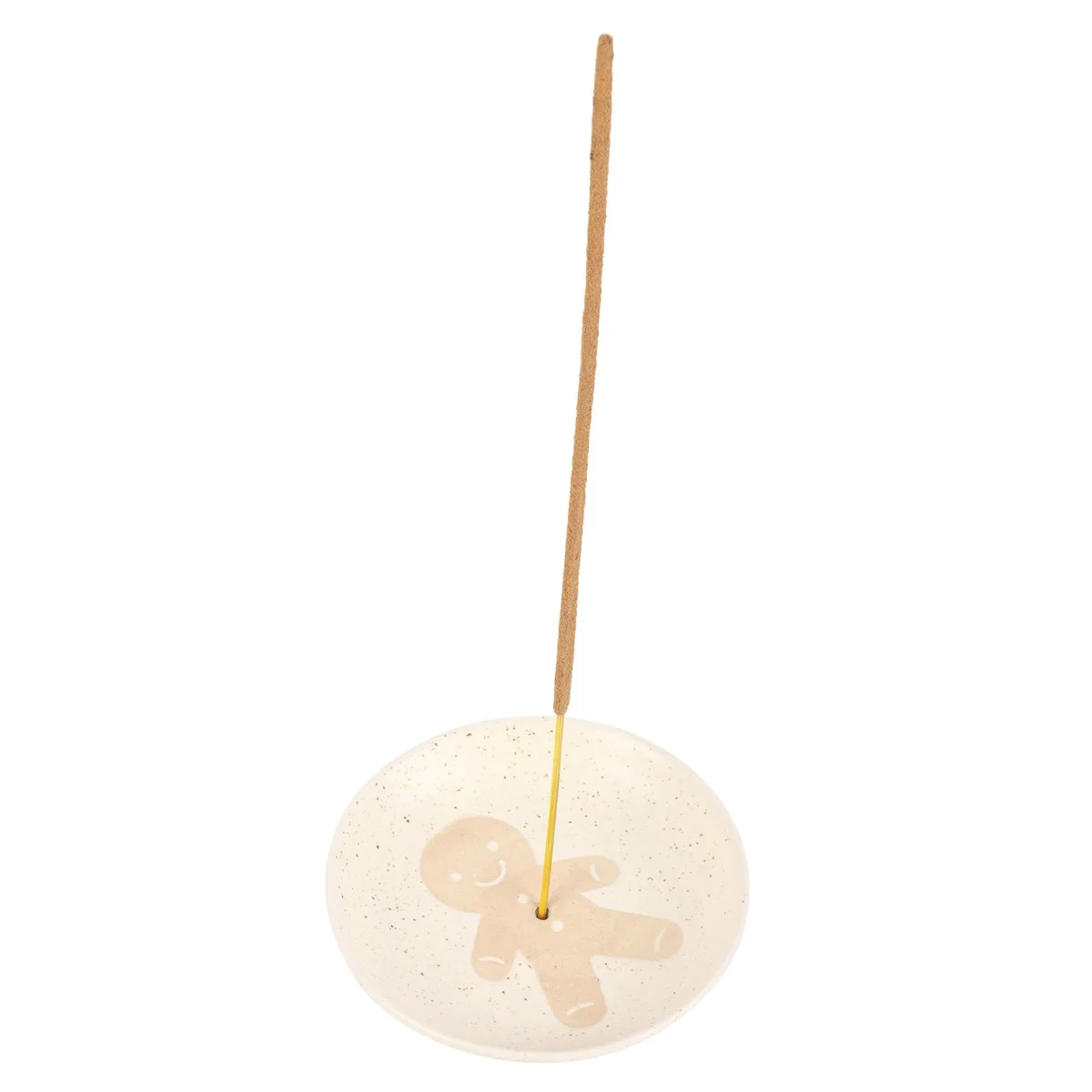 Smiling gingerbread man incense holder with off-white speckled finish catching ash from incense stick