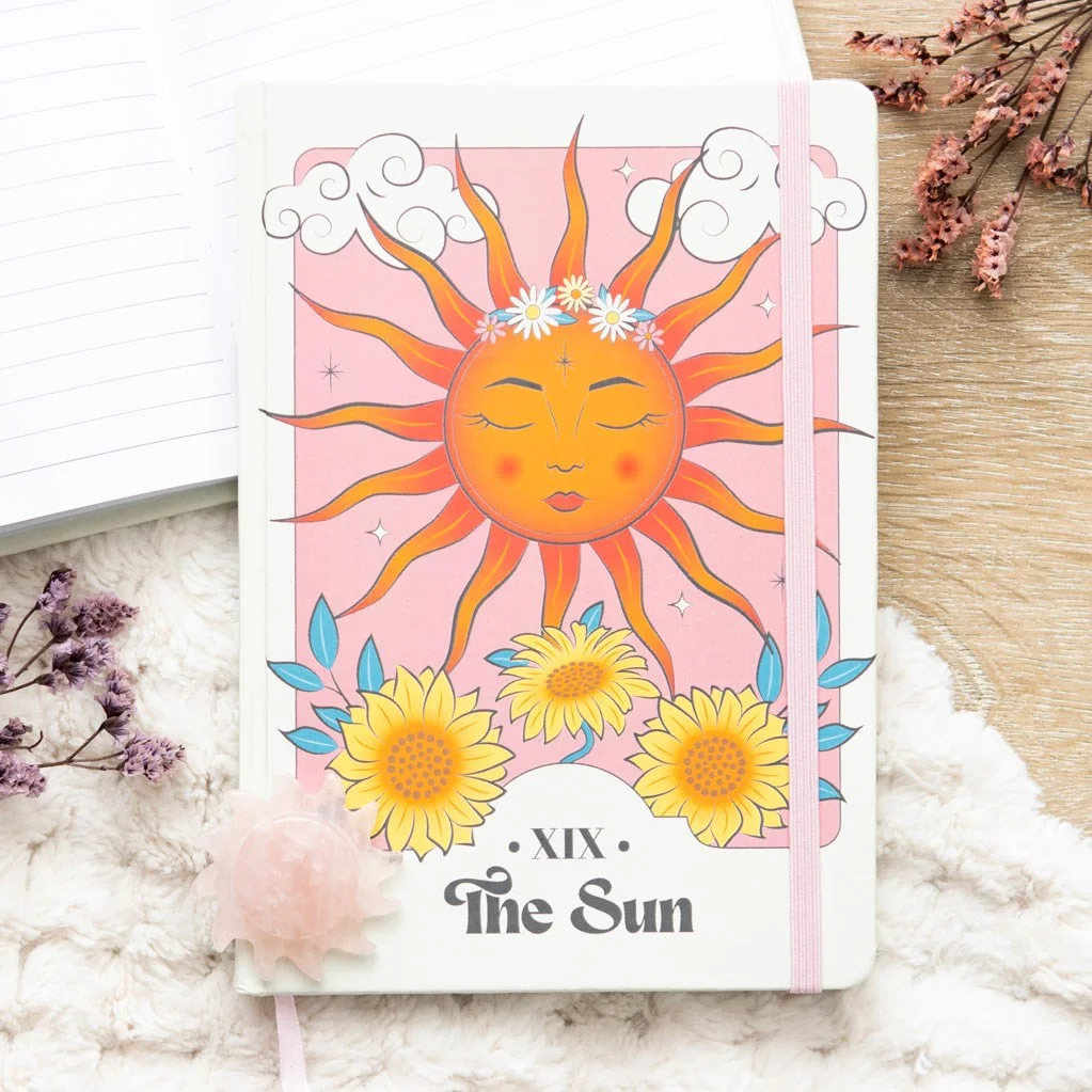 Celestial A5 notebook with colourful Sun tarot card design and lined pages, 100 sheets for notes and sketches