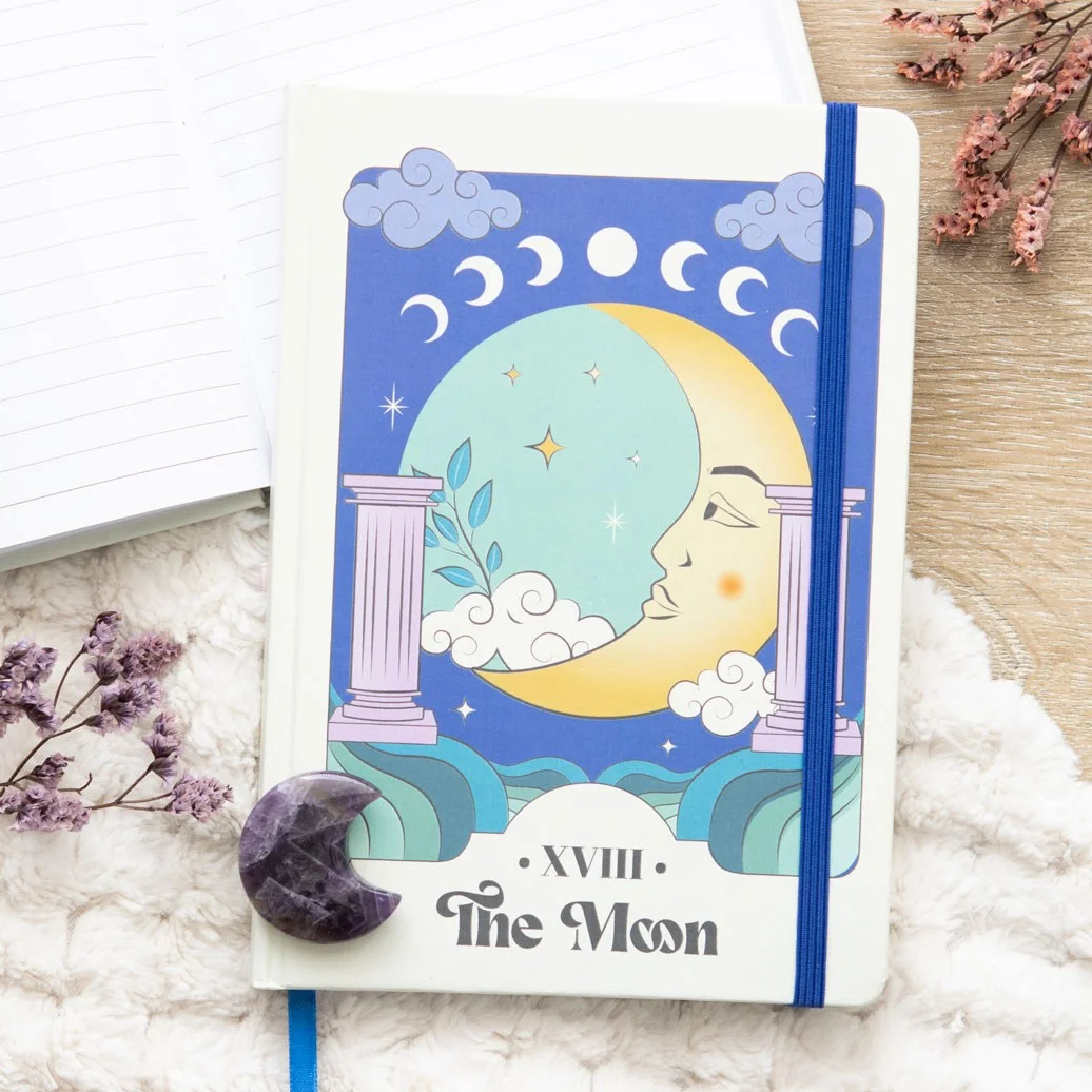 Celestial A5 notebook with colourful moon tarot card design and lined pages, 100 sheets for notes and sketches