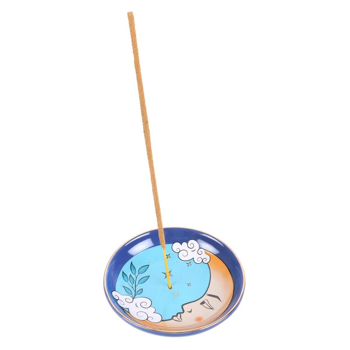 Blue ceramic moon incense holder with crescent moon design inspired by The Moon tarot card, holding a burning incense stick