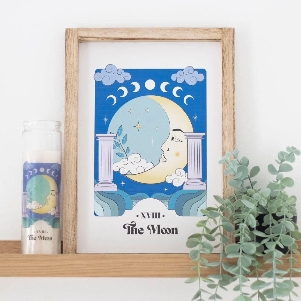 Framed moon wall print featuring a serene celestial illustration in calming colors, size 25x35cm, for home decor.