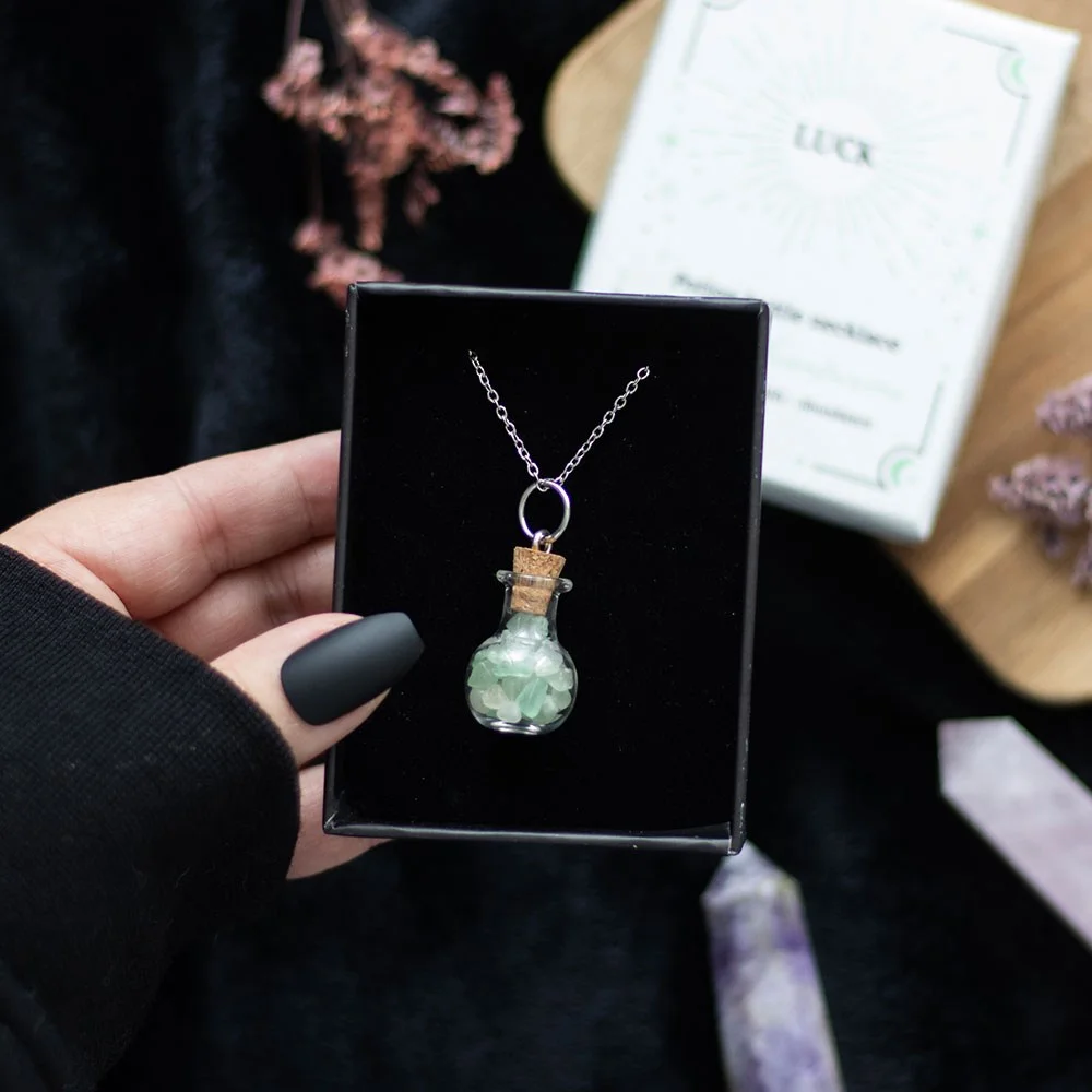 Miniature potion bottle necklace with green aventurine crystal chips and cork stopper on stainless steel chain