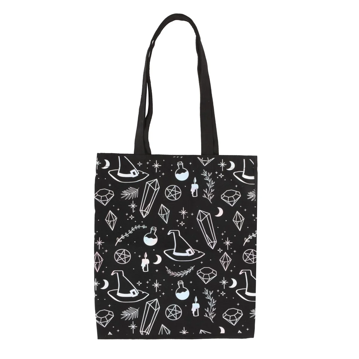 Black polycotton tote bag with crystal, witch hat, and potion designs, spacious for everyday use or shopping