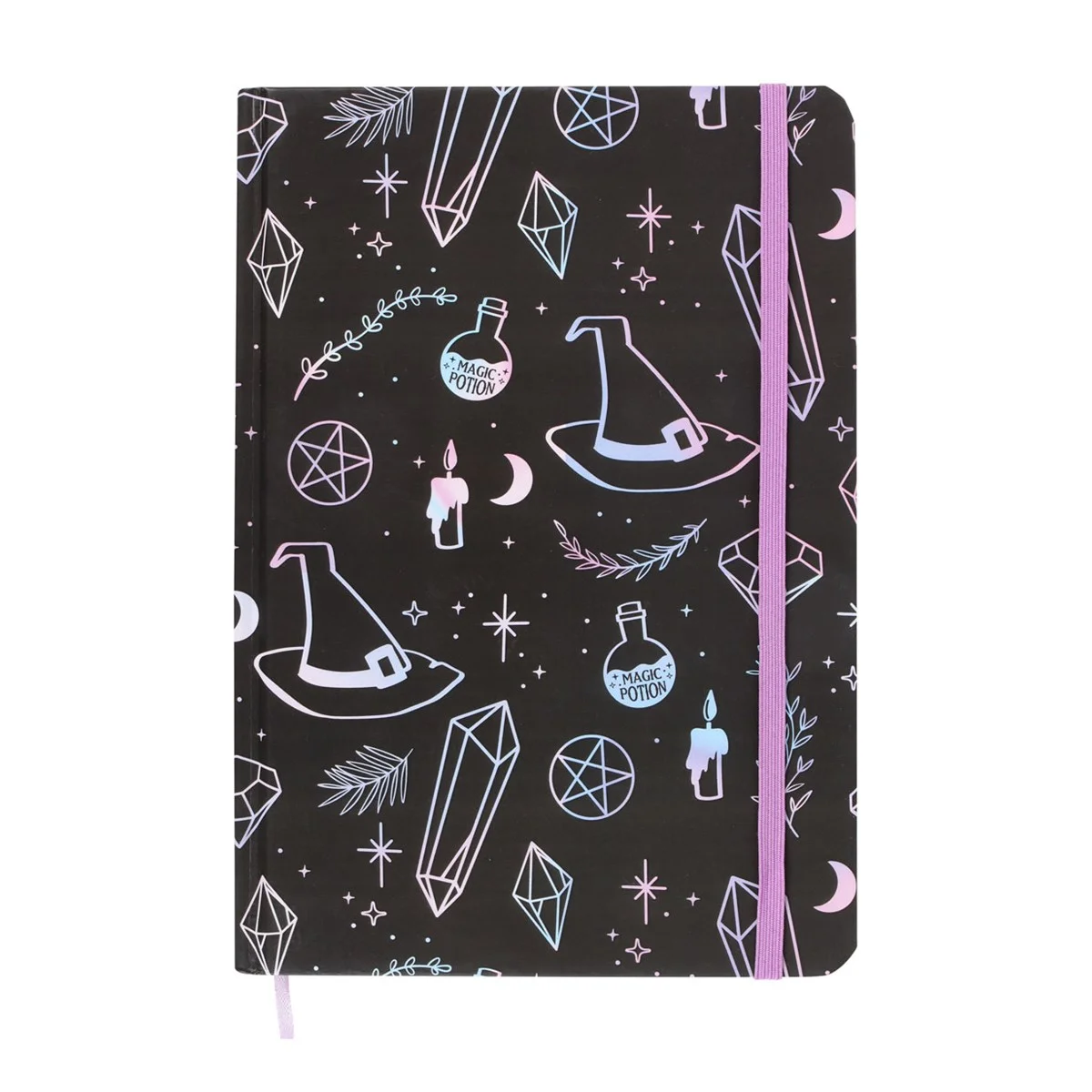 A5 notebook with holographic crystal, witch hats, and potions design, silver foil pages, and lilac ribbon marker