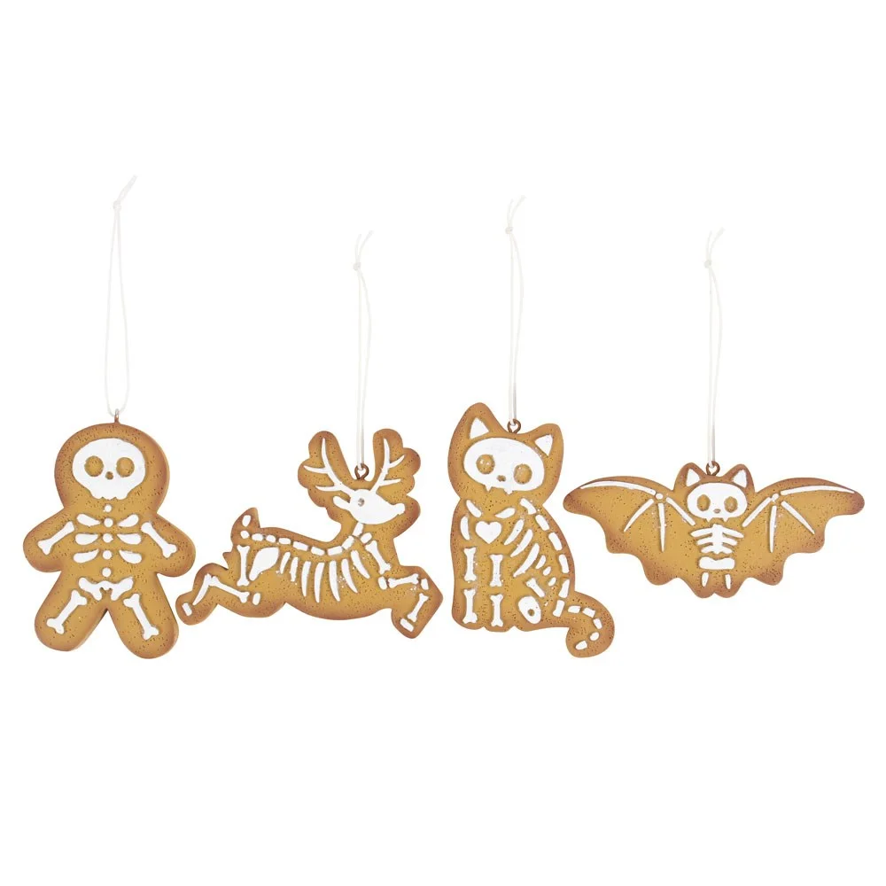 Set of 4 creepy skeleton ornaments shaped as Gingerdead Man, Skeleton Reindeer, Bony Bat, and Creepy Cat with festive sparkle