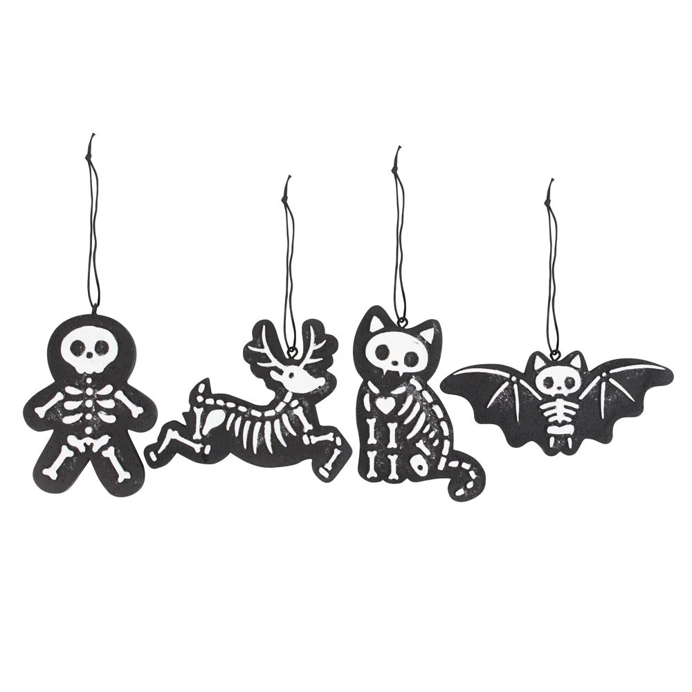 Set of 4 black skeleton cookie ornaments featuring Gingerdead Man, Skeleton Reindeer, Bony Bat, and Creepy Cat designs with sparkle
