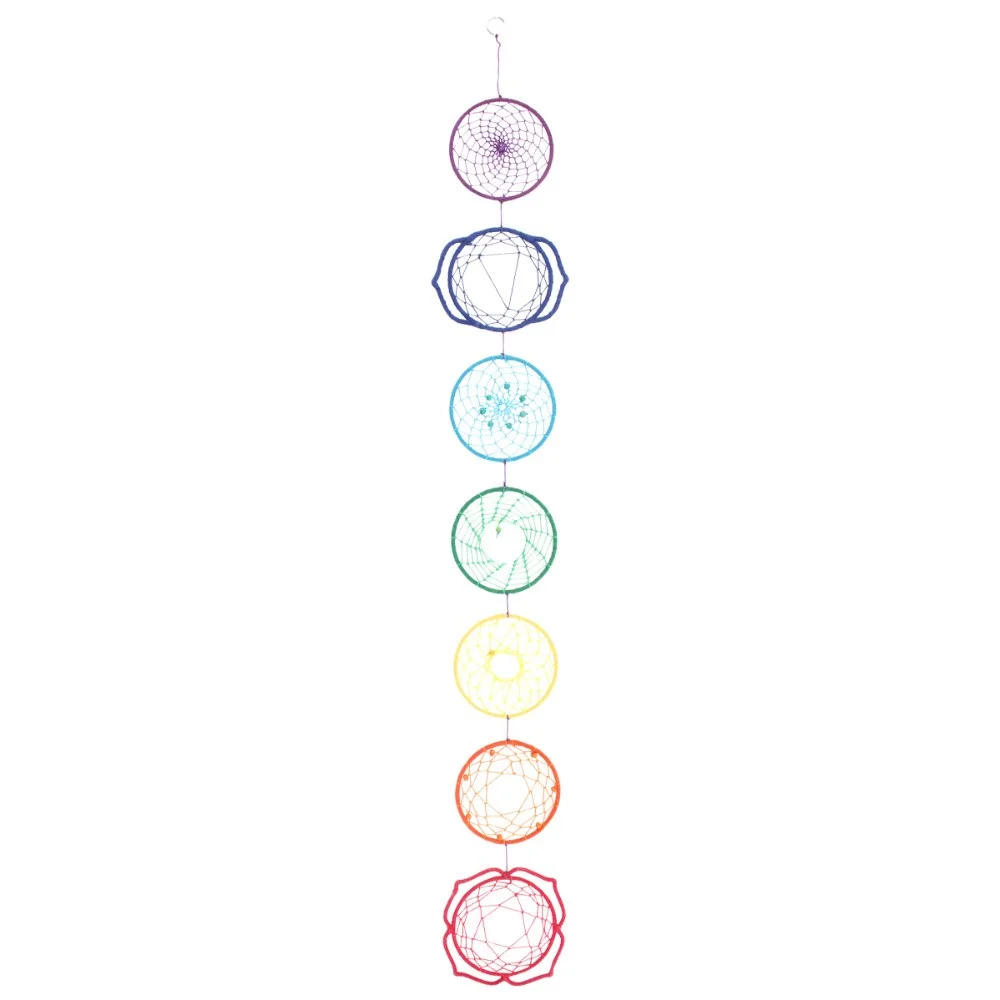 Rainbow chakra wall hanging dream catcher with feathers, measuring 86cm tall and 14cm wide, for spiritual decor.