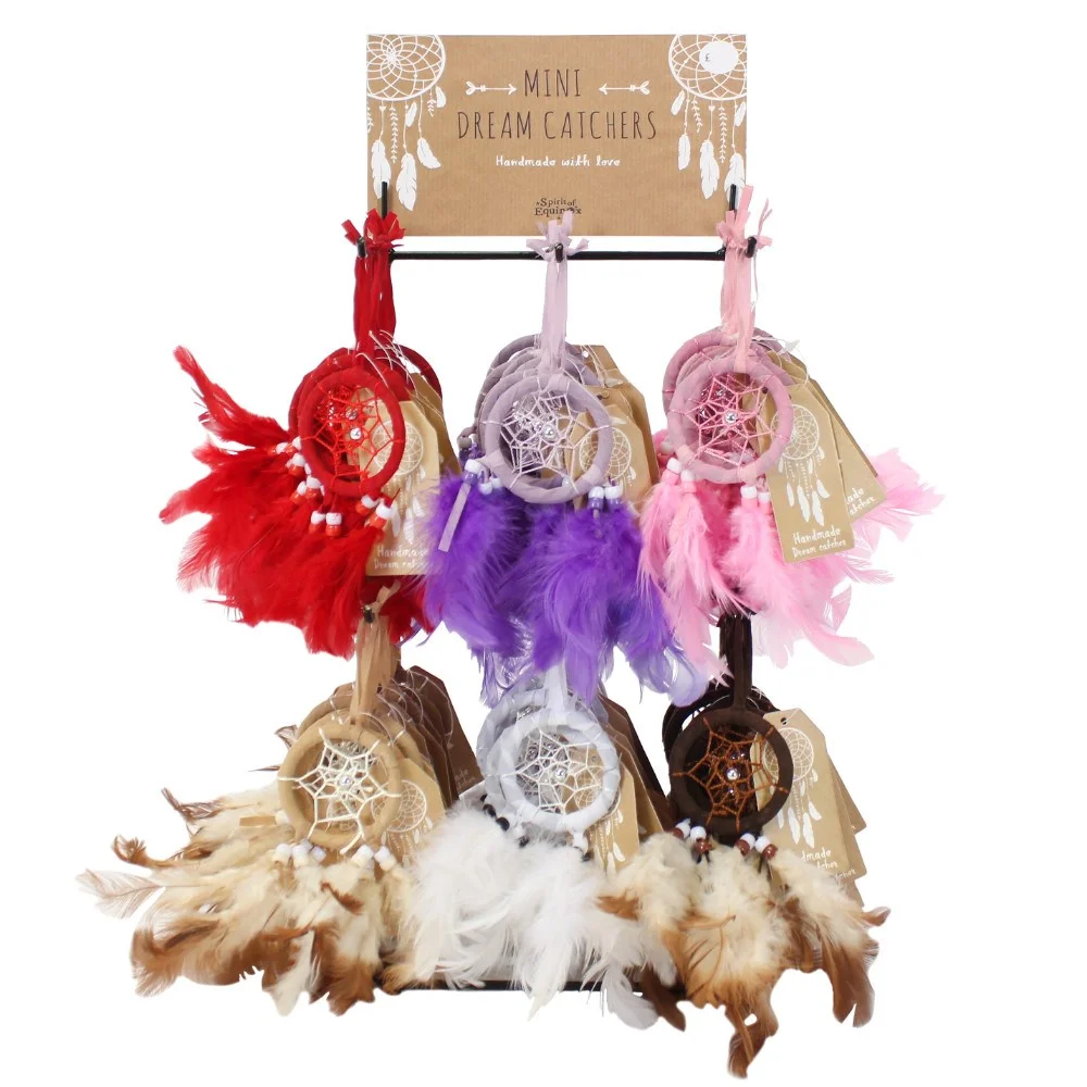Set of 60 colourful dreamcatchers on a display stand showing various styles in a dreamcatcher set display arrangement