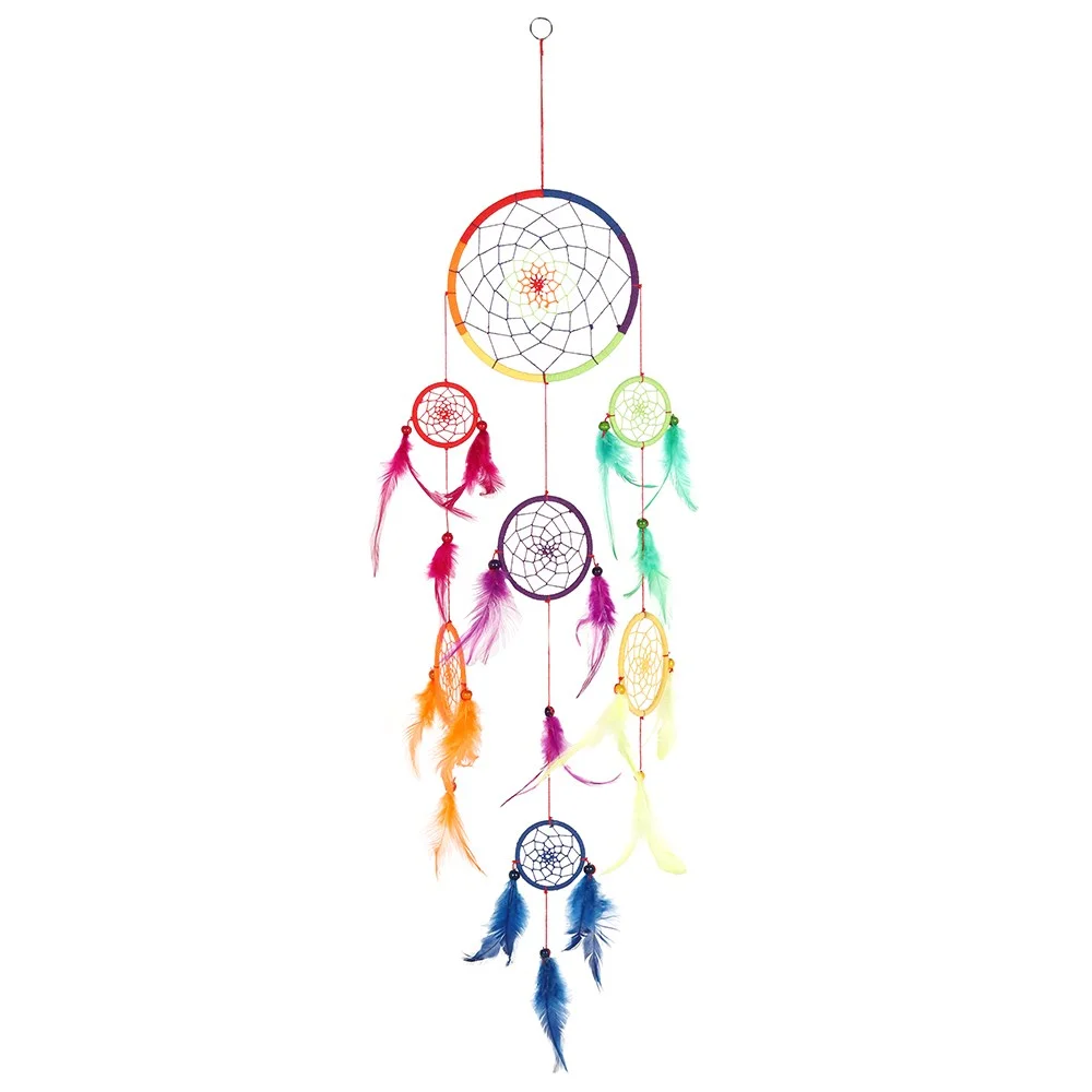 90cm multi rainbow dreamcatcher with vibrant woven threads and feathers in a traditional circular design