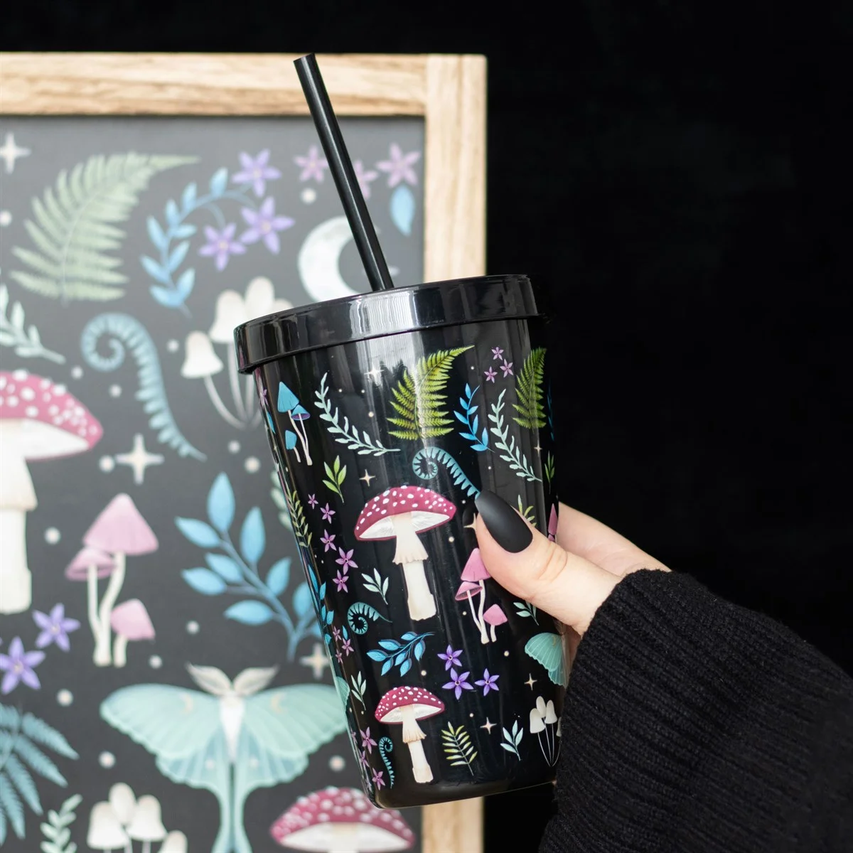 Dark forest tumbler with magical forest print, clear plastic body, matching lid, and reusable straw, 500ml capacity