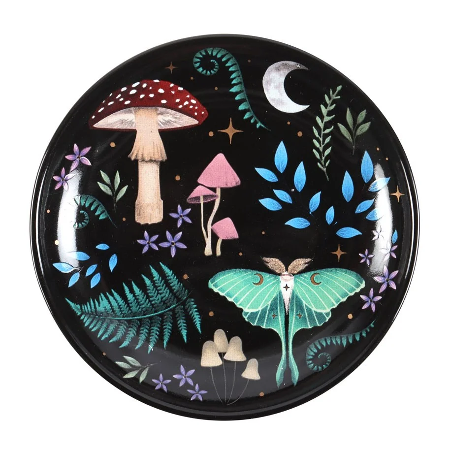 Round dark forest trinket dish with colorful nocturnal flora, fauna, and golden stars for jewellery storage