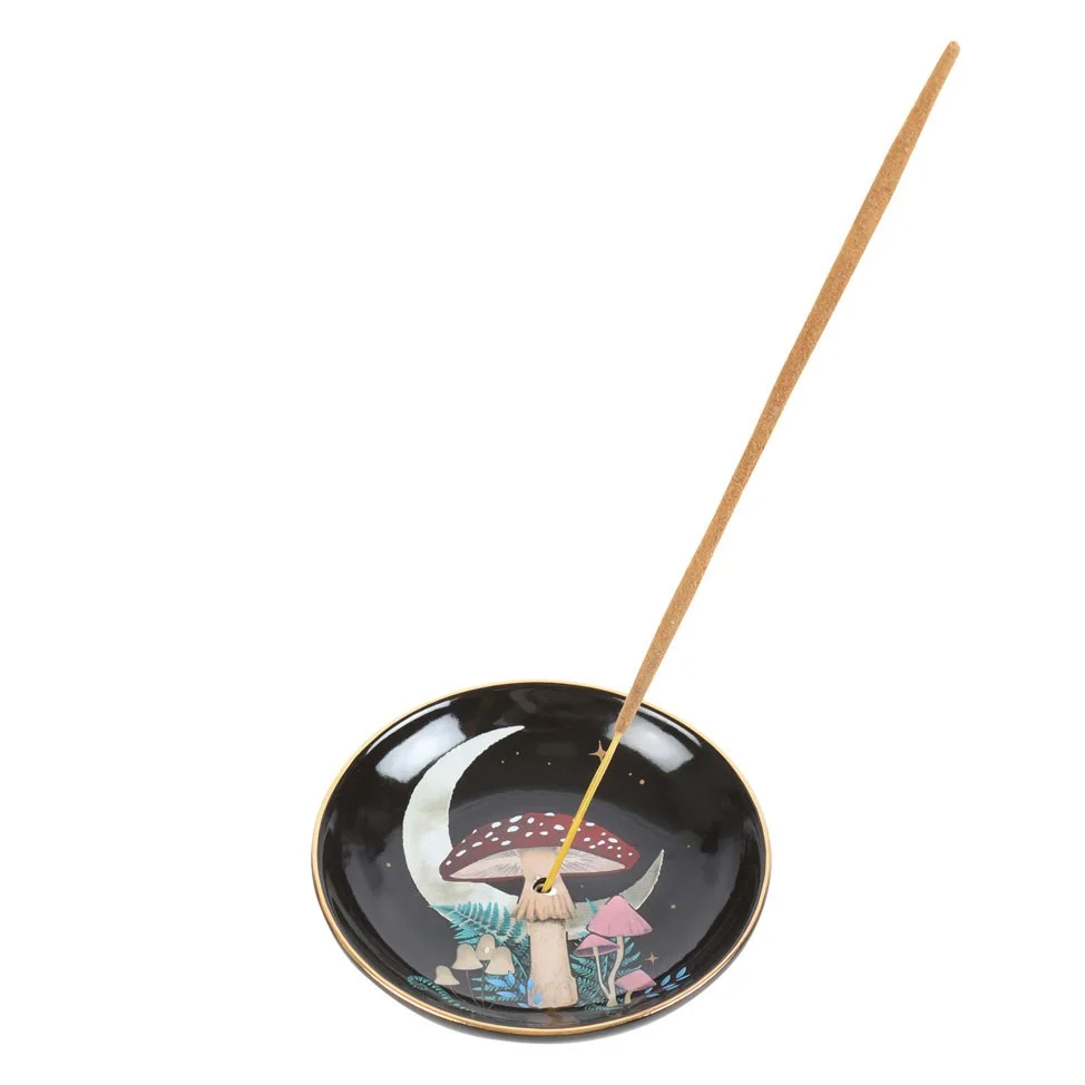 Forest mushroom ceramic incense plate with crescent moon, toadstool and flora. Hole for sticks, flat surface for cones.