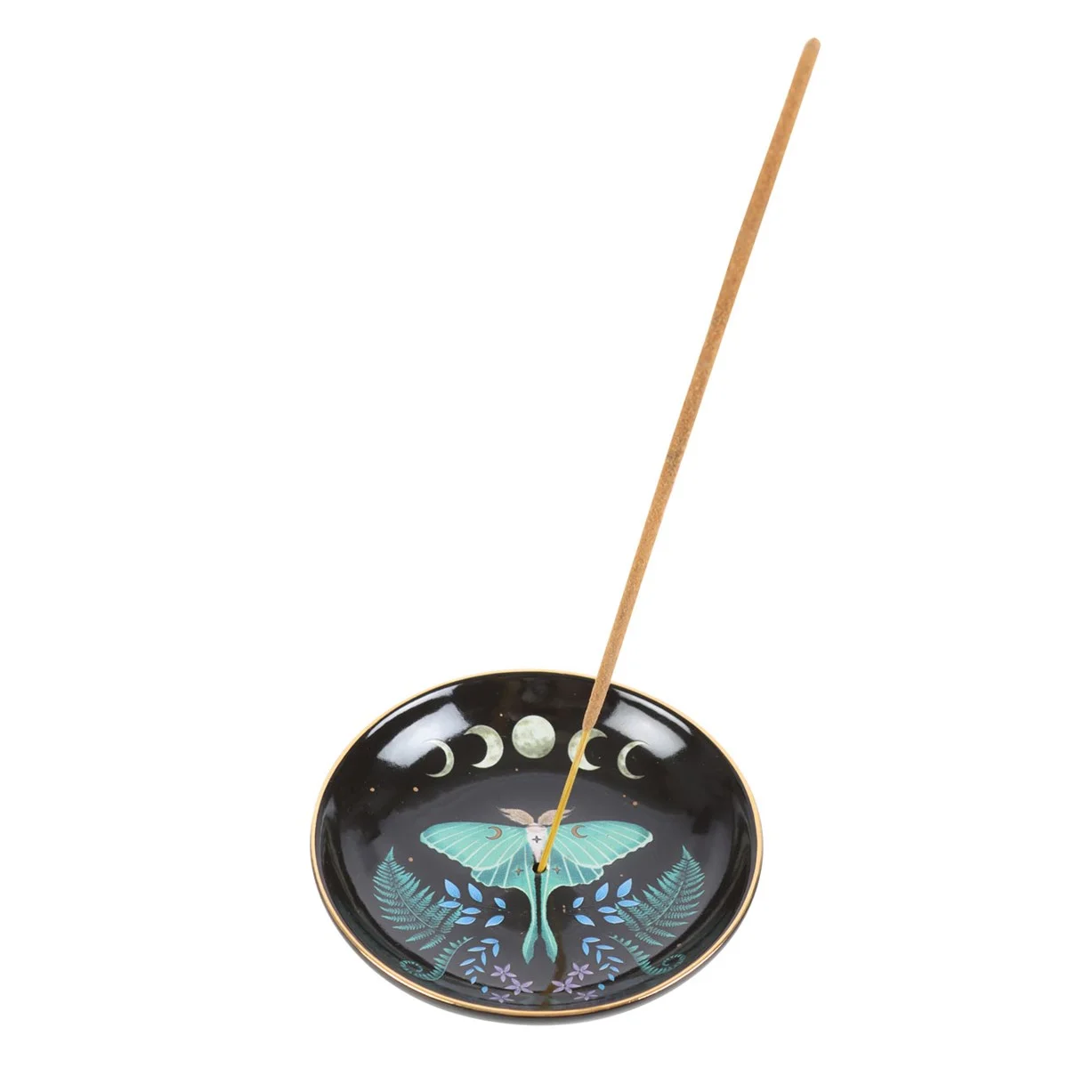 Ceramic incense plate with luna moth and moon phases design, featuring center hole for sticks and stable surface for cones.