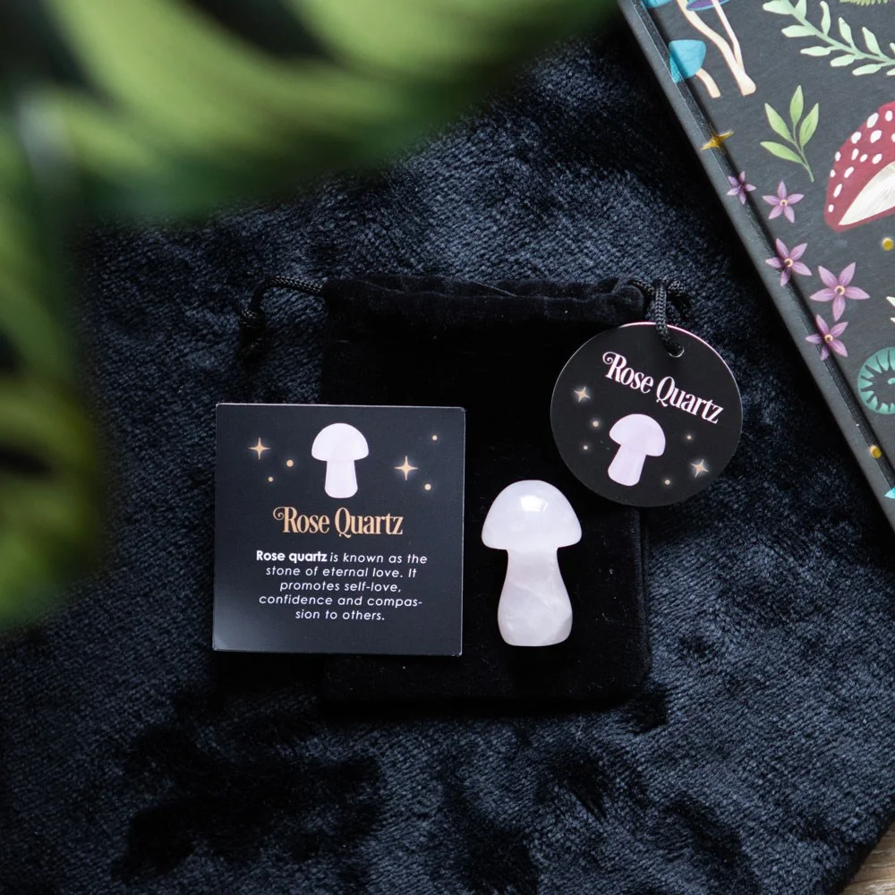 Polished rose quartz crystal mushroom on white background with drawstring bag and informational card visible