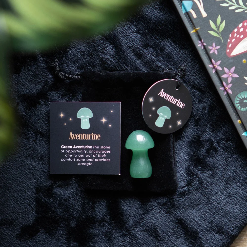 Polished green aventurine crystal mushroom with smooth surface, displayed with drawstring bag and informational card