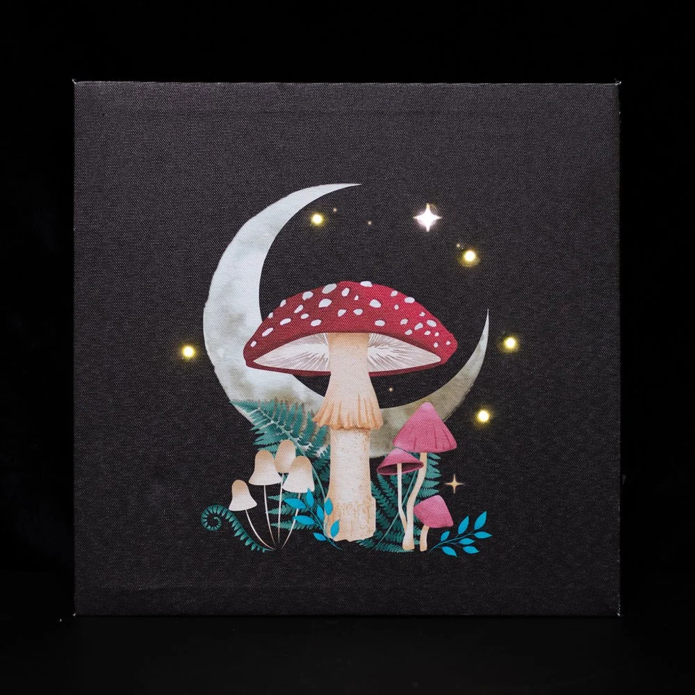 Light up canvas plaque showing a glowing forest mushroom illustration with embedded LED lights on 30x30cm canvas