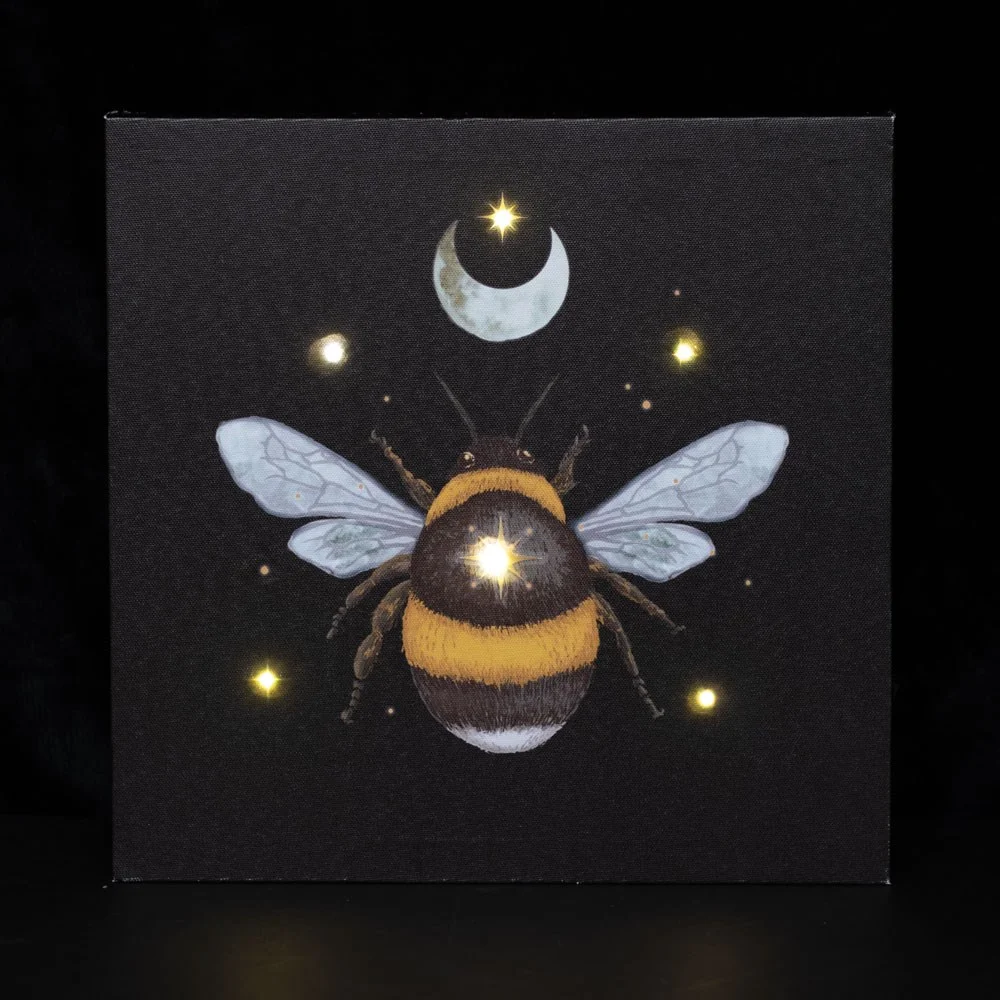 Light up wall canvas featuring a 30x30cm ethereal forest bee illustration with embedded LED lights glowing softly