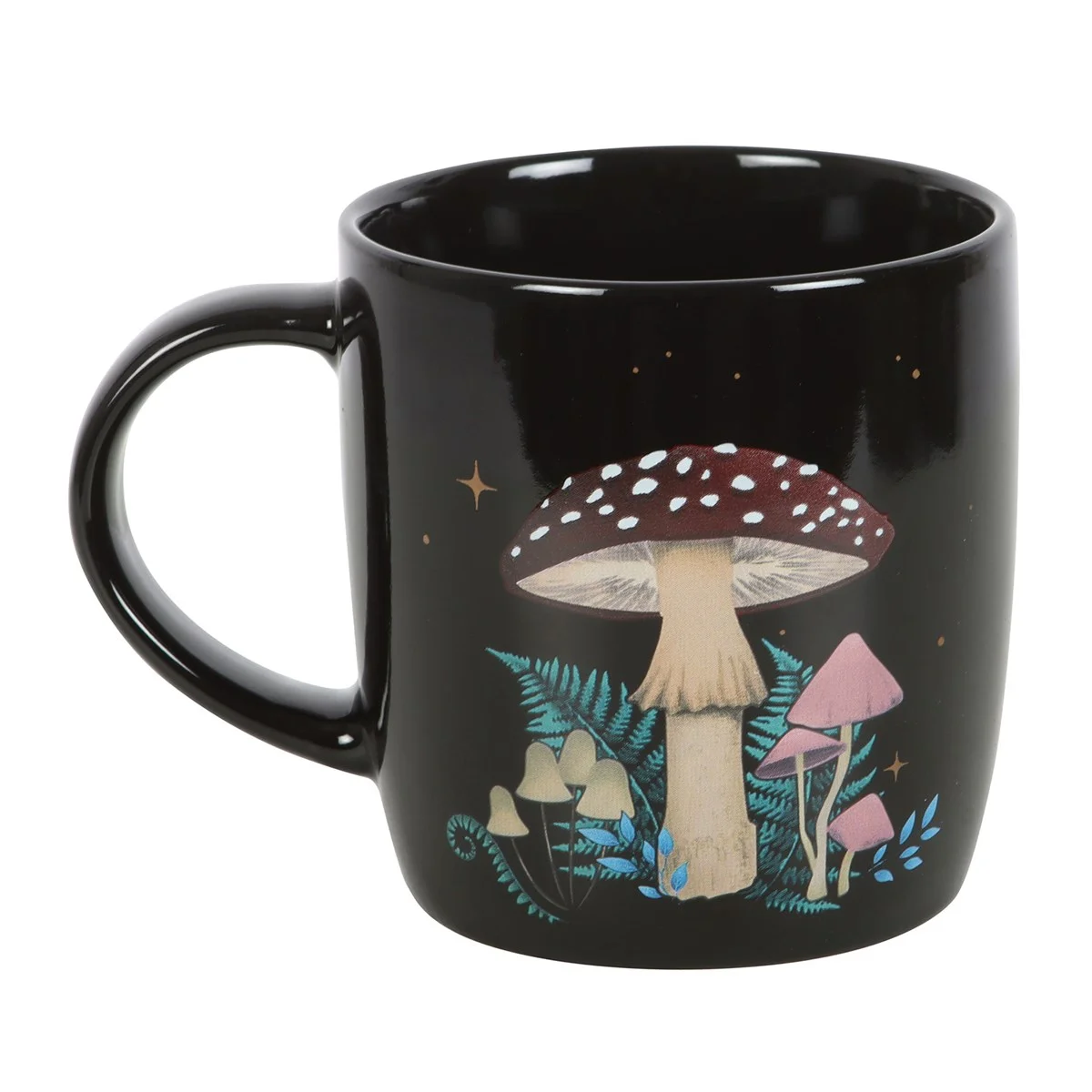 Black ceramic forest mushroom mug with intricate mushroom, crescent moon, and stars design, 340ml capacity
