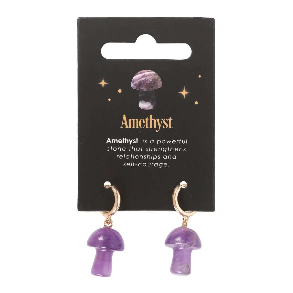 Polished amethyst mushroom earrings on small gold hoops with matching informational tag, showcasing purple crystal stones