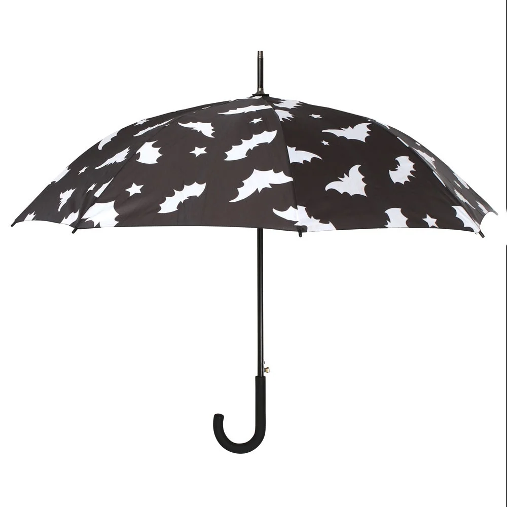 Open bat print umbrella with black background and scattered white bat silhouettes, designed for rainy weather protection